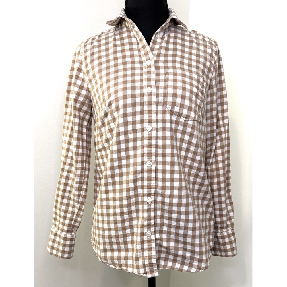 J.Crew Gingham Button Down Shirt XXS Tan White Cotton Long Sleeve